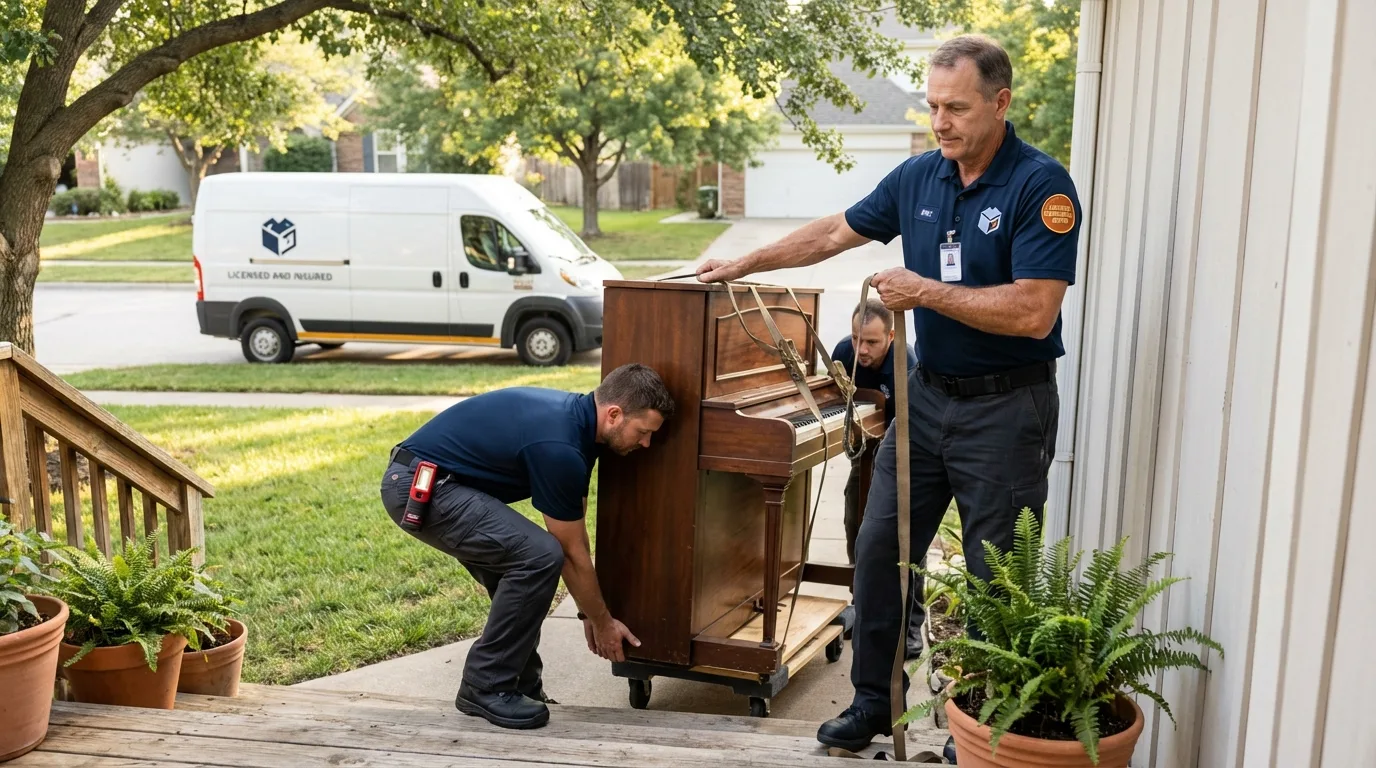 Licensed piano movers securing grand piano in Ivanhoe, MN