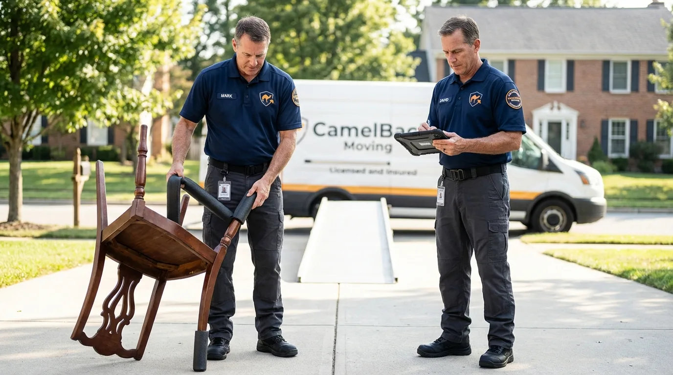 Movers inspecting furniture for damage prevention before loading in Ivanhoe, MN