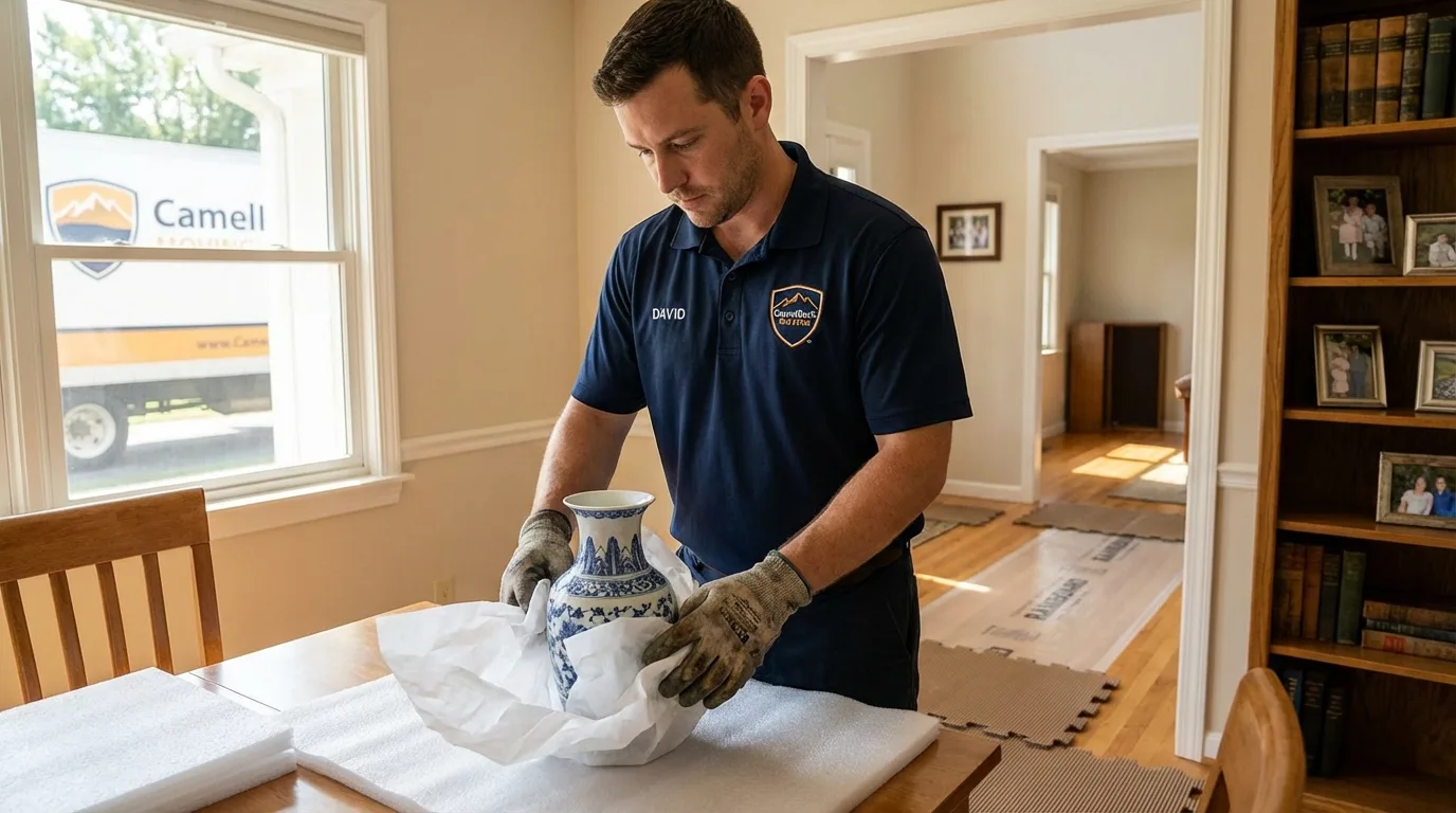 Professional crew carefully wrapping antique vase for senior downsizing move in Ivanhoe, MN